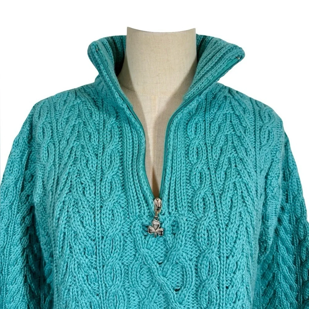 Aran Crafts 100% Merino Wool Turquoise Cable Knit 1/4 Zip Turtleneck Sweater